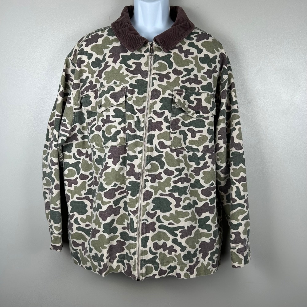 No Boundaries Mens Duck Camo Chore Jacket Green Brown Corduroy Collar 2XL Zip Up